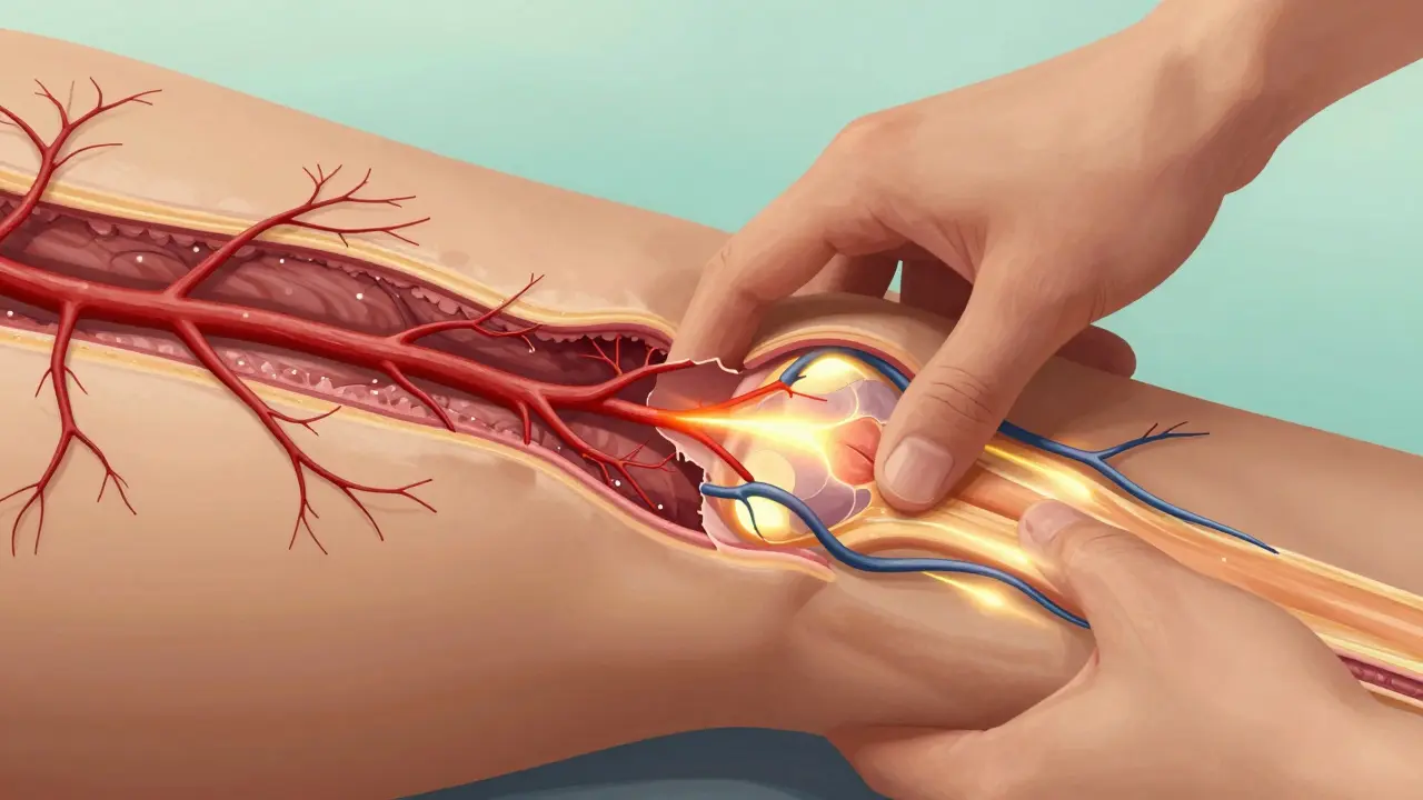 Anatomický náčrt ukazuje rozklad jizvených tkání a obnovu krevního oběhu během rehabilitační masáže.