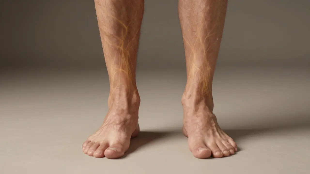 Dvě paže nohou: jedna napjatá a opuchlá, druhá uvolněná a světlá, s energií proudící vzhůru.