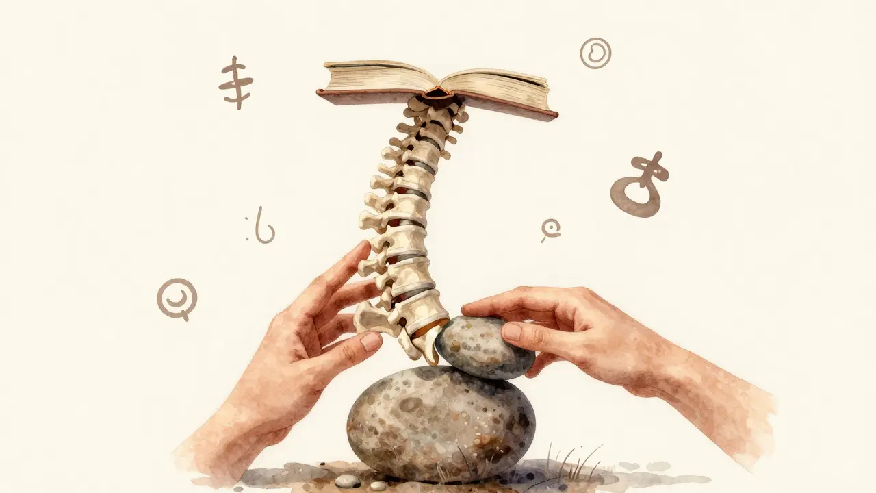 Kresba páteře jako řady kamenů, jemný tlak obnovuje rovnováhu těla.