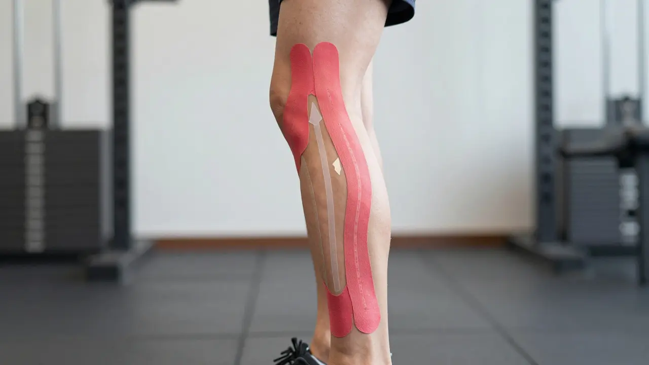 Lýtko s aplikovaným tejpem a subtilními grafickými indikátory zlepšeného lymfatického odtoku bez příznaků zánětu.