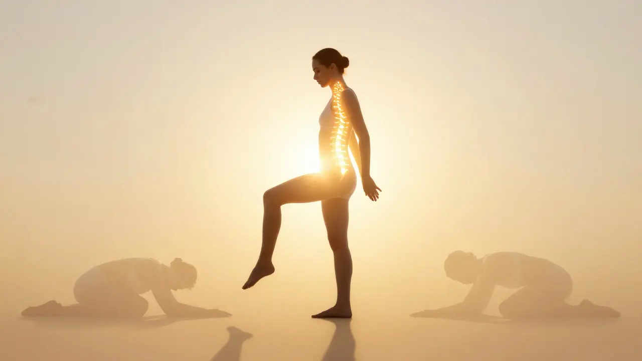 Osoba stojí vzpřímeně, světlo vychází z páteře, stará postava mizí.