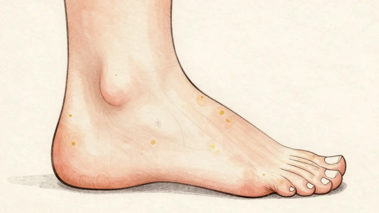 Podrobný náčrt nohy s označenými reflexními body pro orgány.