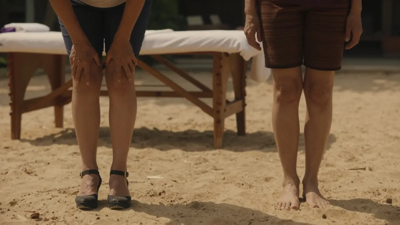 Před a po: žena před masáží s bolestí v zádech a nohách a po masáži, kdy chodí bosá a volně.