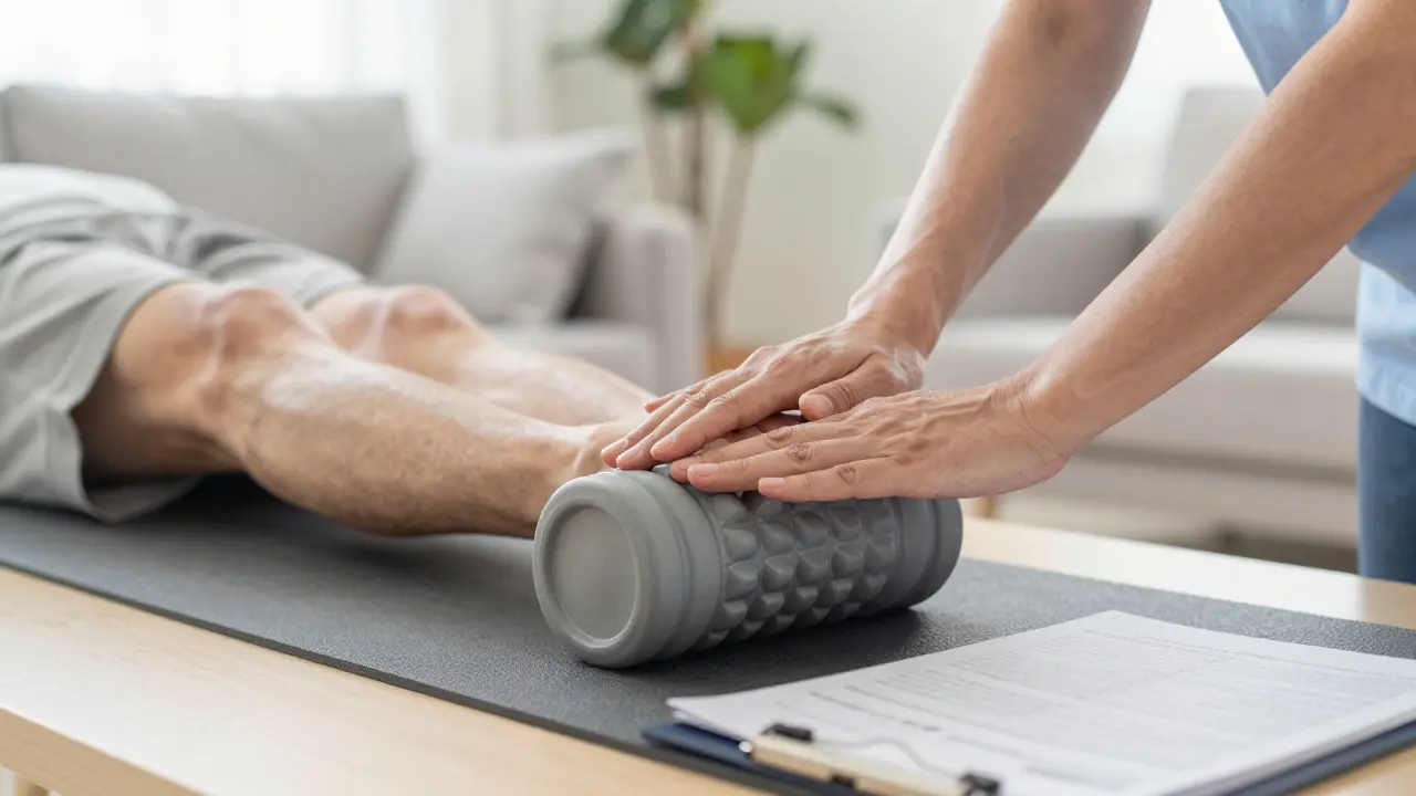 Starší osoba provádí lehké protahování doma s pomocí pěněného válce.