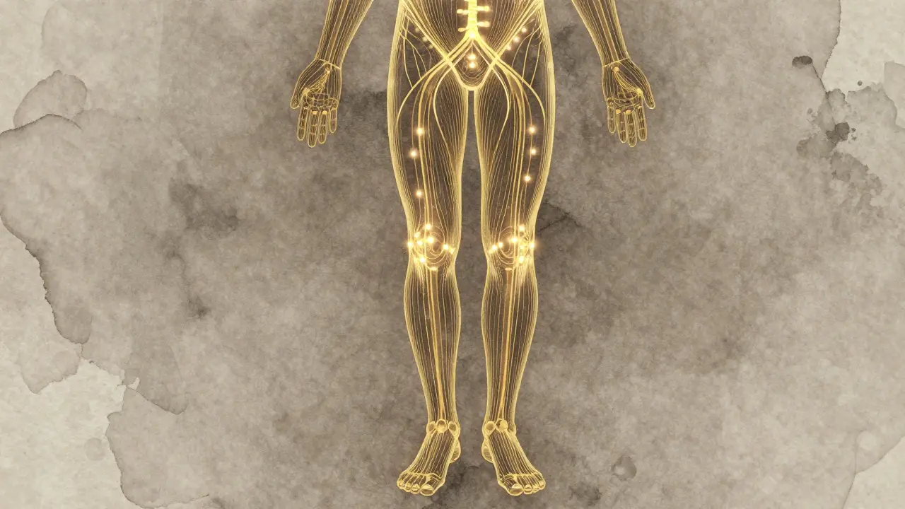 Zlaté energetické linie v těle vedoucí od břicha k nohám, symbolizující uvolnění a krevní oběh.
