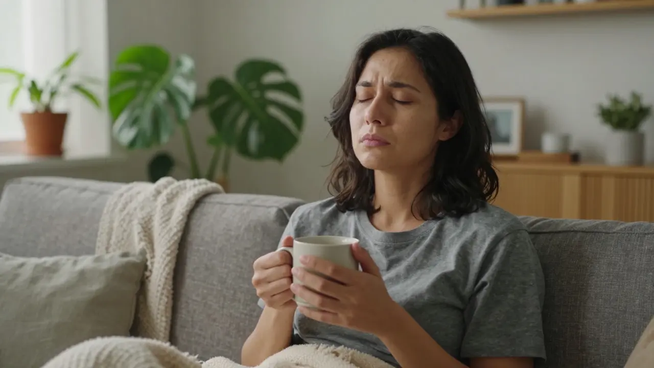 Člověk v domovském prostředí pijící čaj a relaxující.