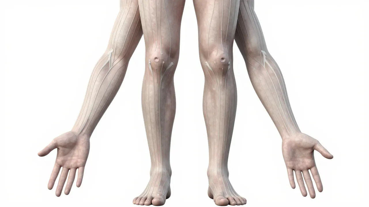 Ilustrace lidského těla s vyznačenými pěti klíčovými body šiatsu a energetickými meridiány, které spojují tyto body.