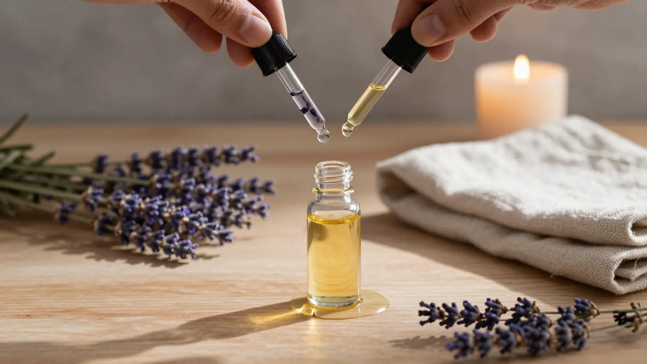 Kapky esenciálních olejů padají do základního oleje, doprovázené sušenou lavandou a svíčkou.