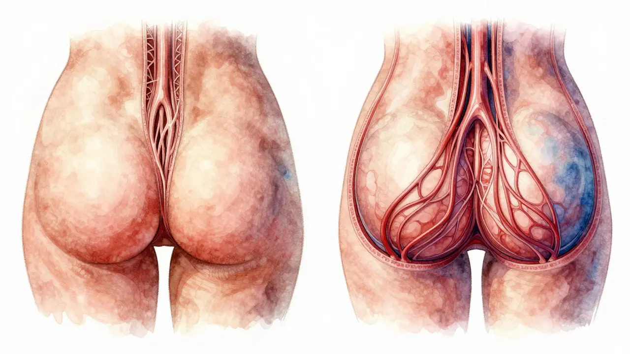 Křížový řez tkáně zadku: před a po baňkování, znázorňující uvolnění vazivových závitů.