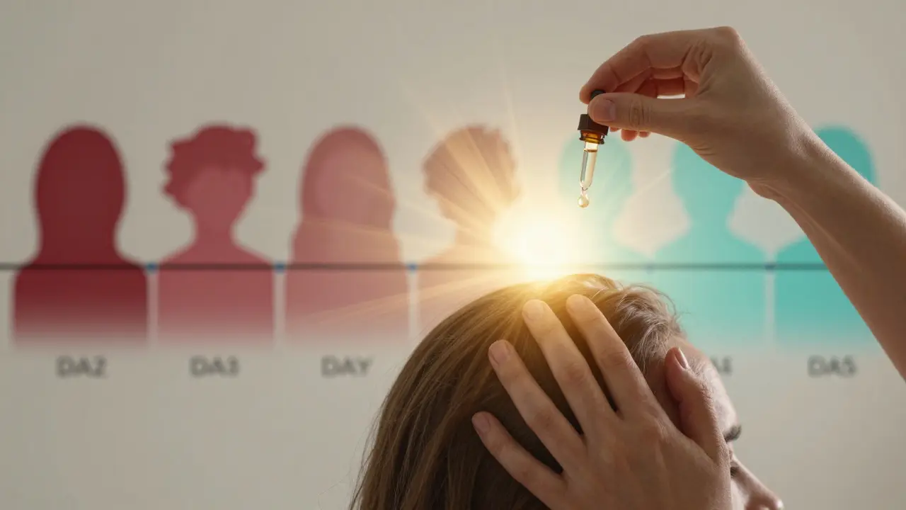 Osoba masíruje záhlaví s éterickým olejem, světlo symbolizující úlevu od bolesti.