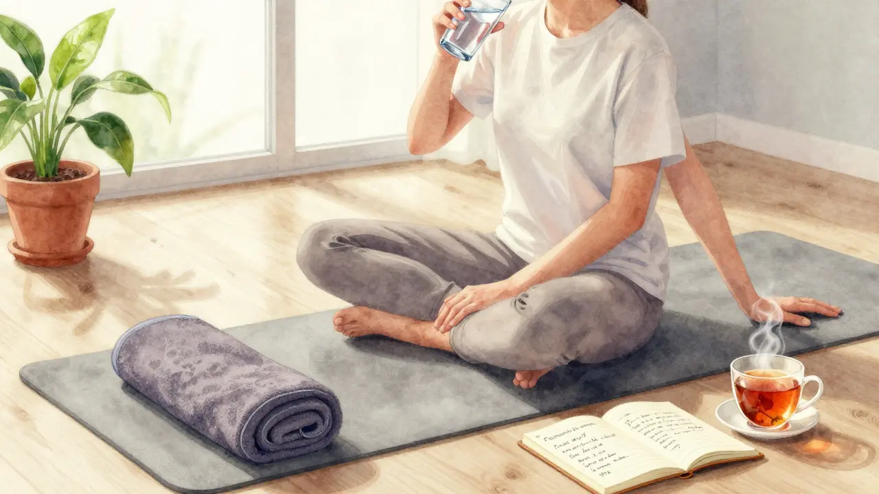 Osoba po masáži pije vodu a mírně se protahuje v klidném, osvětleném prostředí s ručníkem a poznámkami.