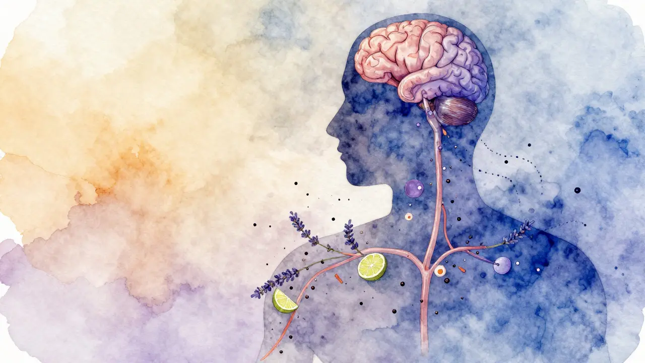 Přehledný obraz molekul esenciálních olejů proudících do krve a mozkového centra pro emoce.