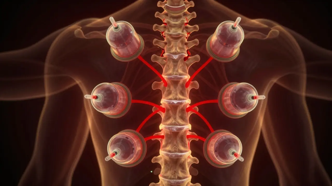 Symbolické znázornění zvýšeného průtoku krve pod baňkami v oblasti páteře.