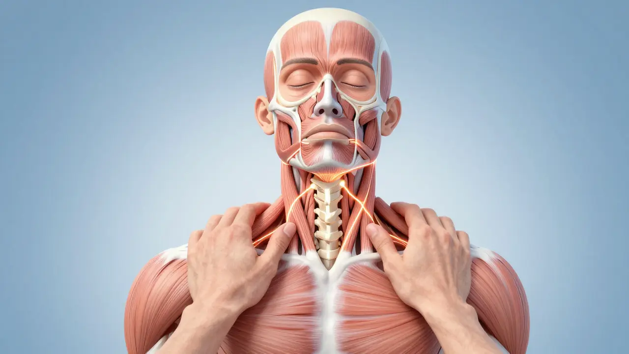 Tři spojené oblasti napětí v krku, čele a čelisti uvolňované jemným tlakem.