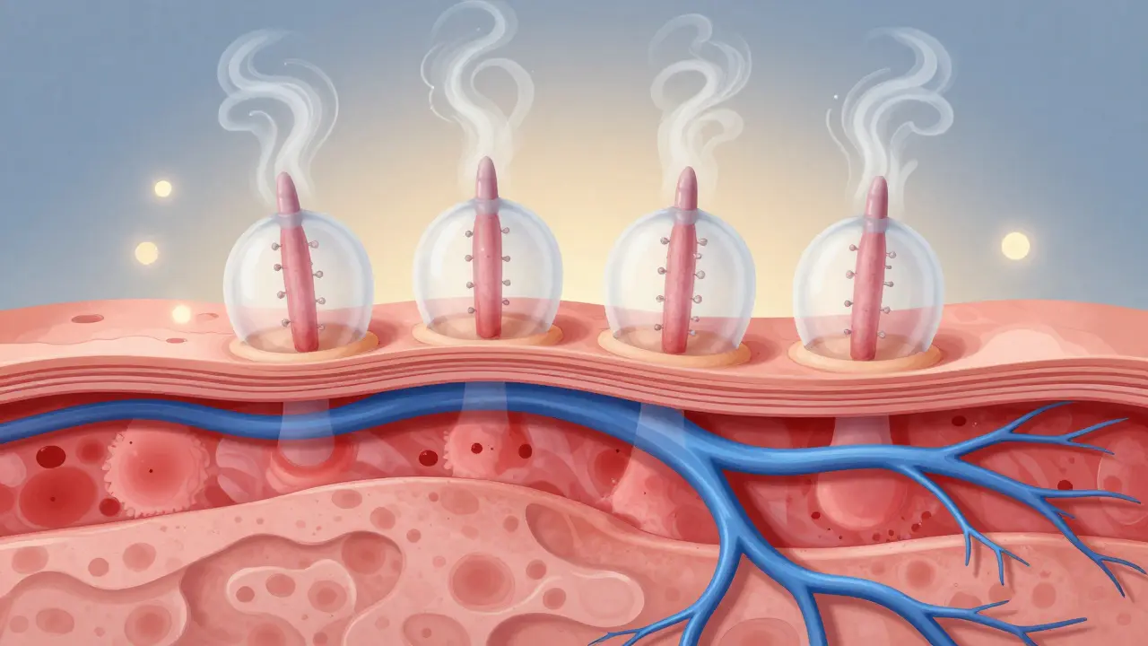 Vnitřní působení vakuoové terapie: zvýšený krevní oběh a odvod lymfy pod kůží.