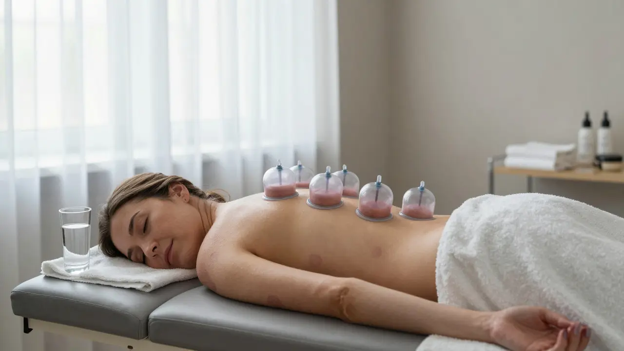Žena leží na lůžku během baňkovací terapie na dolních zádech v klidné klinice.