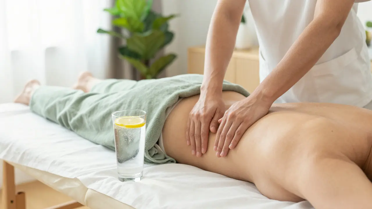 Detail masáže oblasti břicha a boků v světlém studiu s pohárem vody.