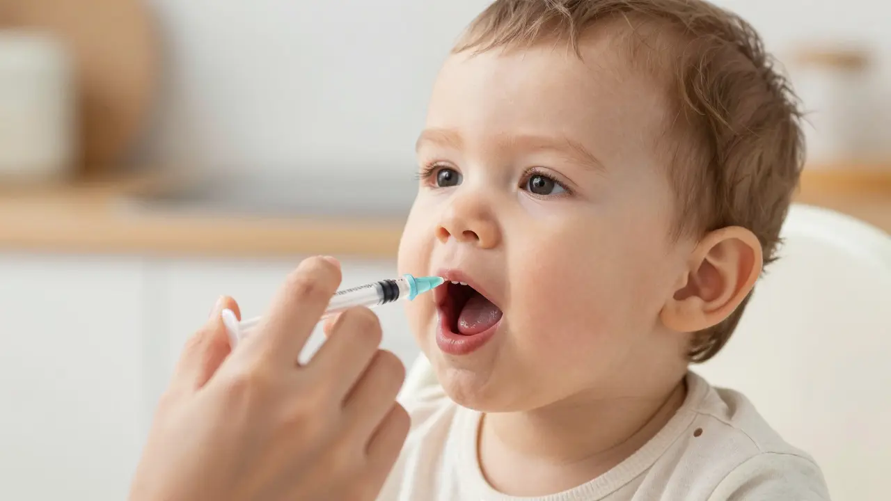 Detail podávání sirupu pomocí orální stříkačky do lícní kapsy dítěte v jídelním křesle.