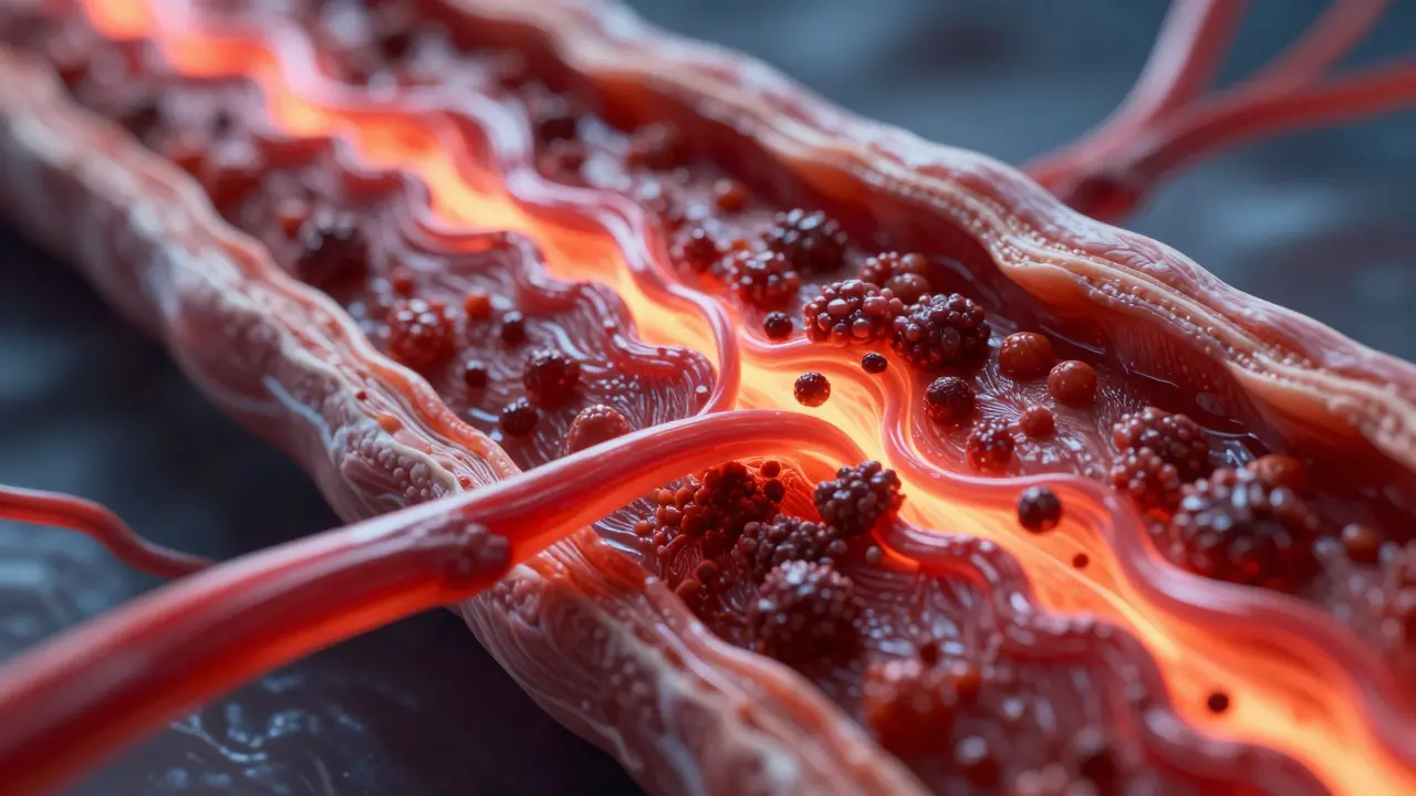 Detailní zobrazení průtoku krve v svalové tkáni při odplavování toxinů a laktátu.