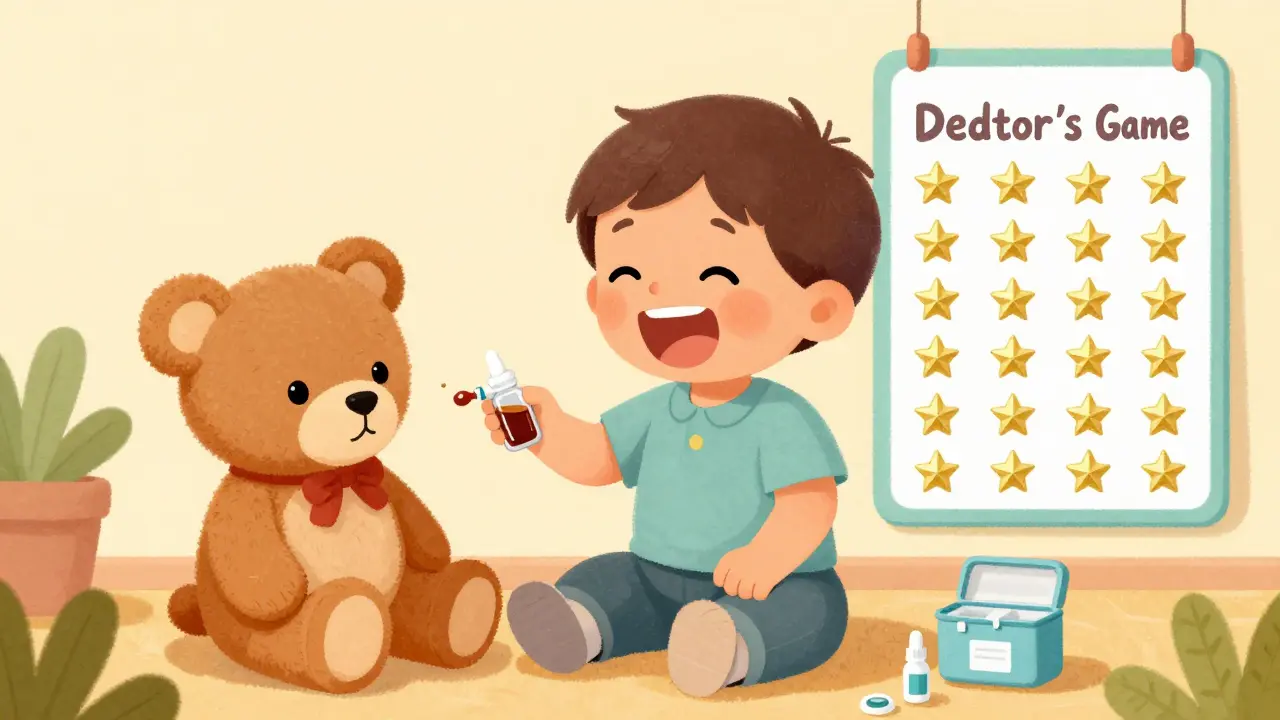 Dítě si hraje na doktora s plyšovým medvídkem vedle tabulky s odměnami.