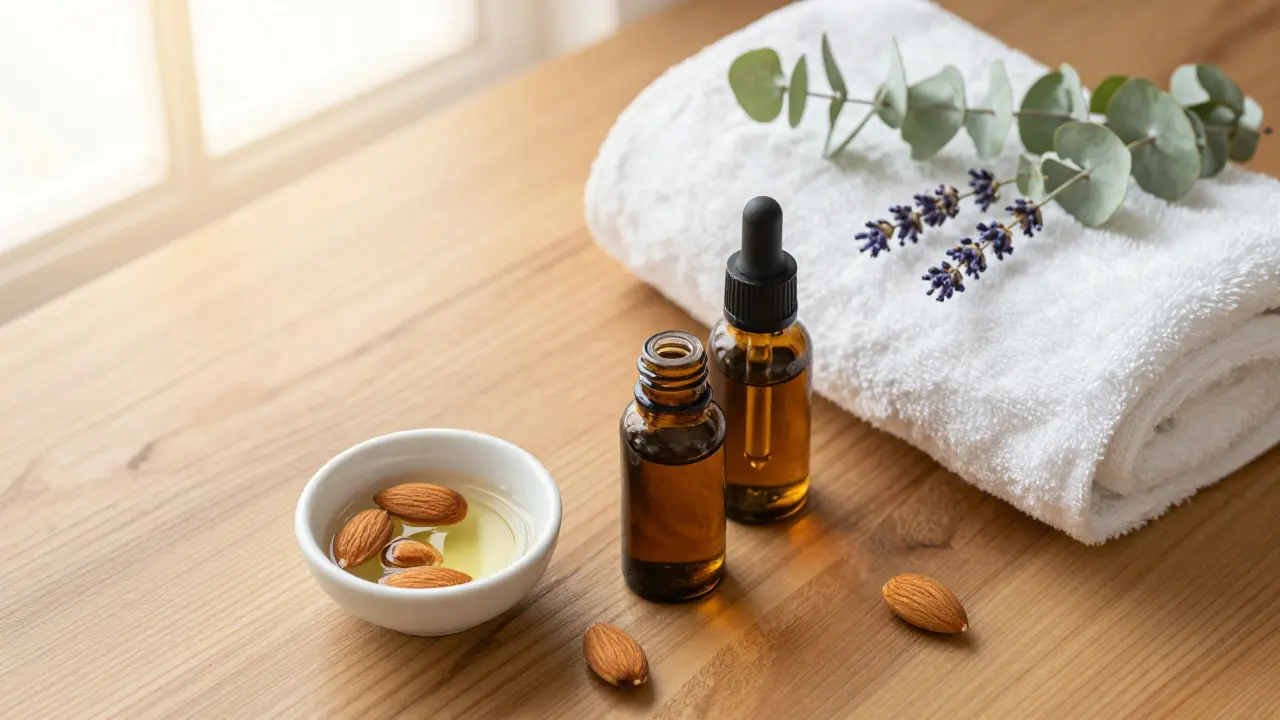 Esenciální oleje, eukalyptus a levandule na dřevěném stole v uklidňujícím spa prostředí.