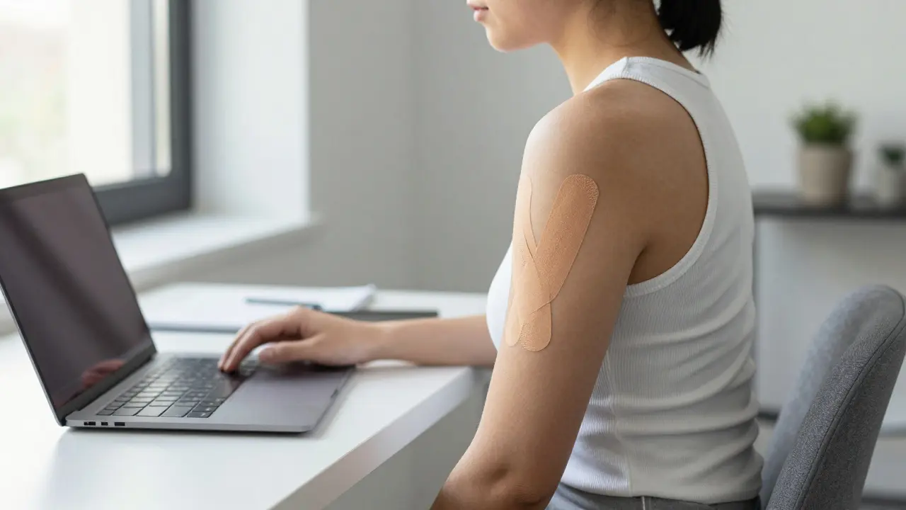 Kancelářský pracovník s diskrétní béžovou páskou na lopatce pro správné držení těla.