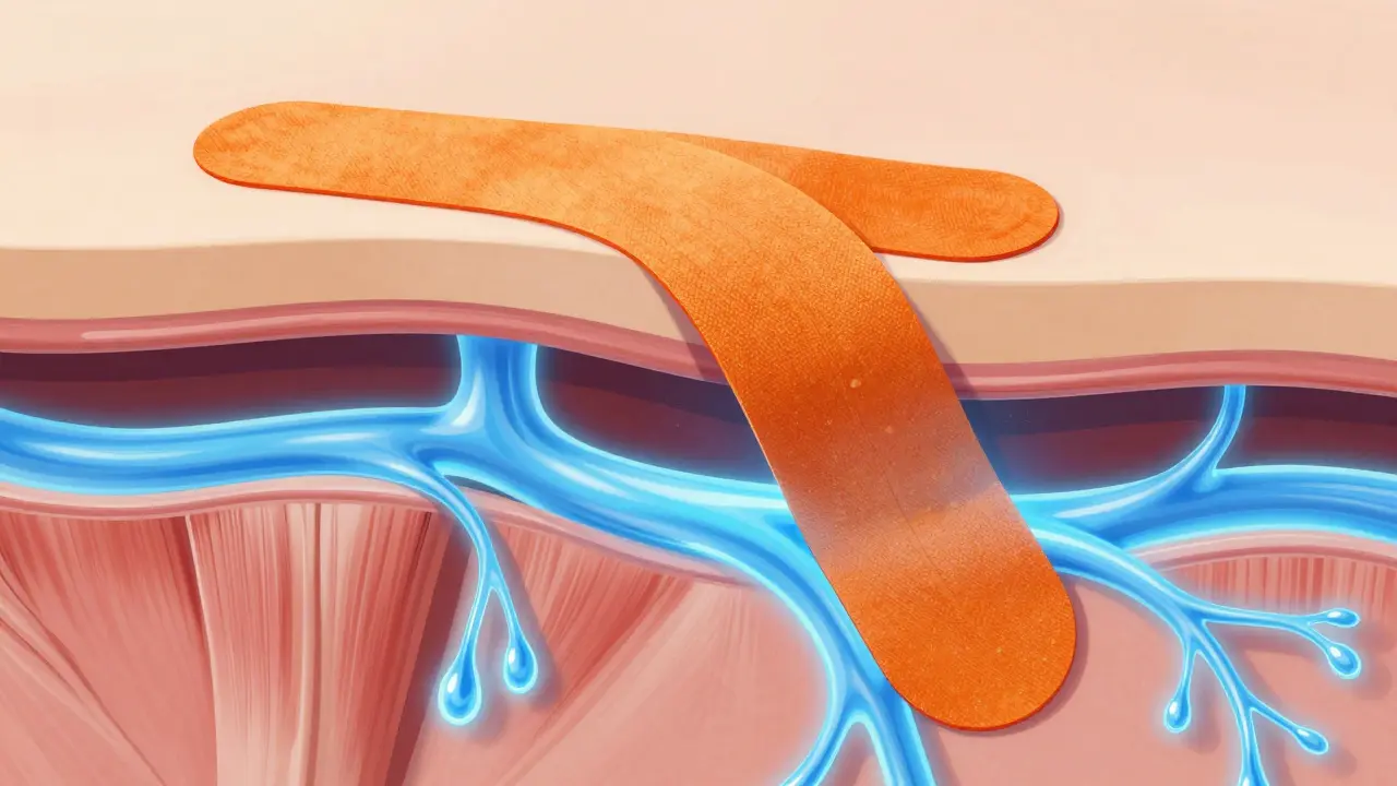 Konceptuální ilustrace působení tejpování na proudění lymfy pod kůží.