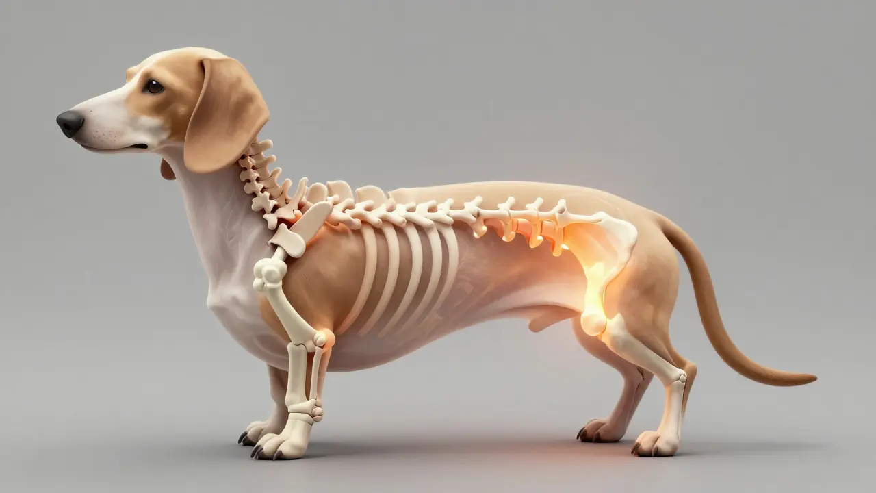 Konceptuální znázornění páteře jezeveče s vyznačenou oblastí bederní blokády.