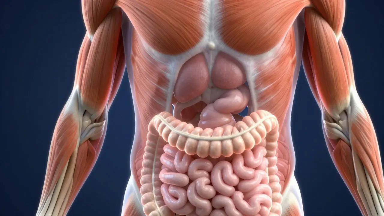 Konceptuální zobrazení uvolnění břišních svalů a stimulace peristaltiky střev.
