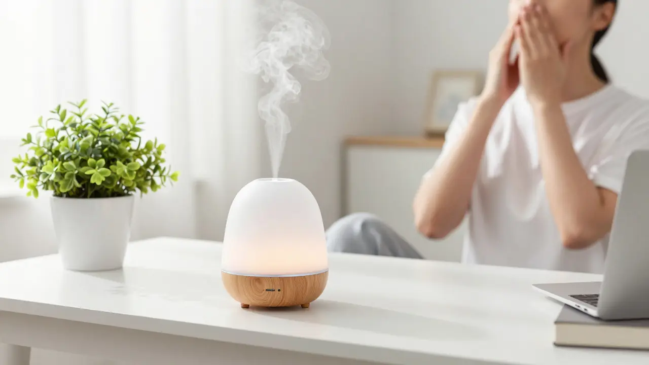 Moderní aroma difuzér na bílém stole s jemnou párou v brightu a світle.