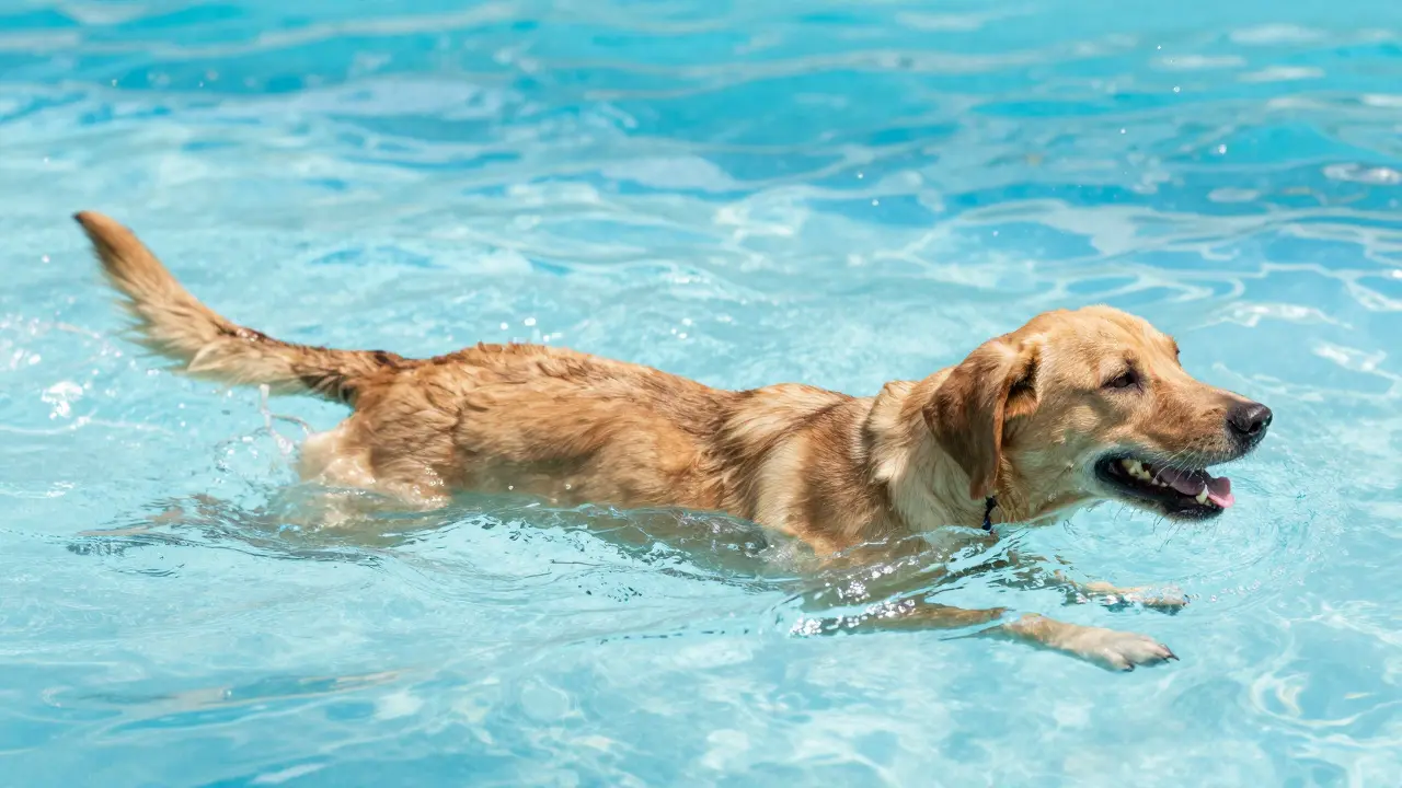 Pes plavící v bazénu pro udržení flexibility a zdraví páteře.