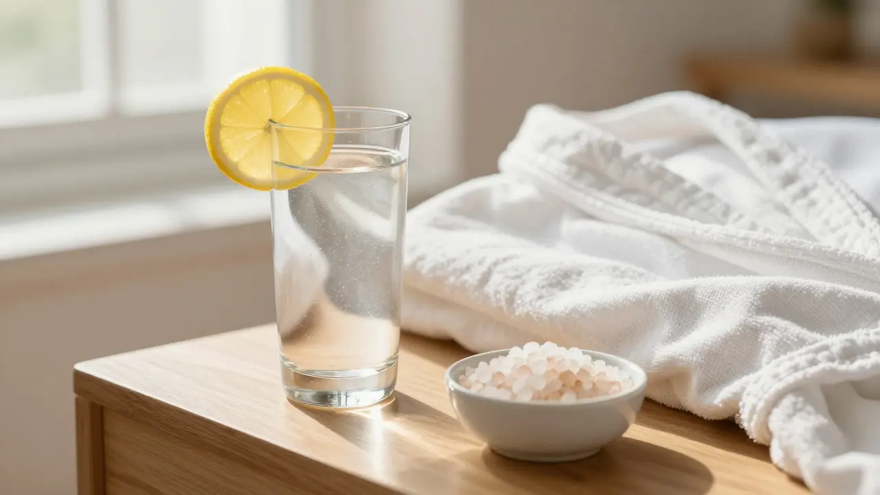 Stojan s vodou s citronem a Epsomskou solí v minimalistickém, světlém prostředí wellness.