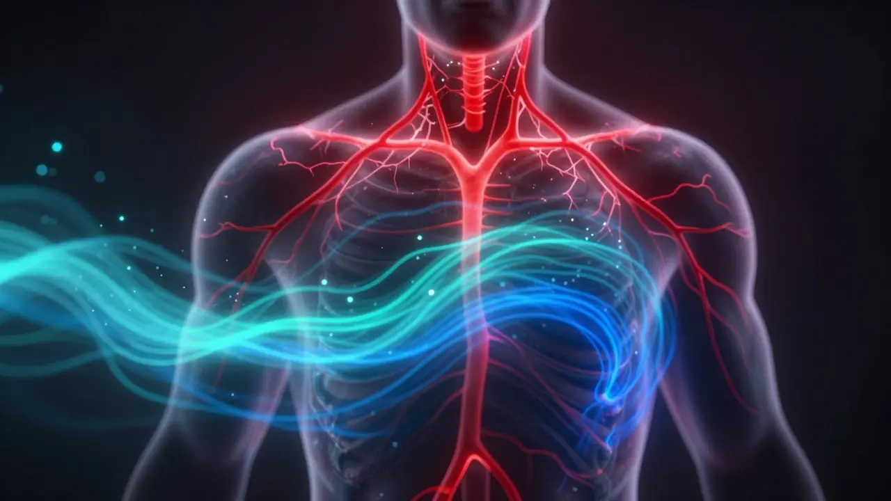 Umělecký obraz přechodu těla ze stresového stavu do hlubokého uvolnění.