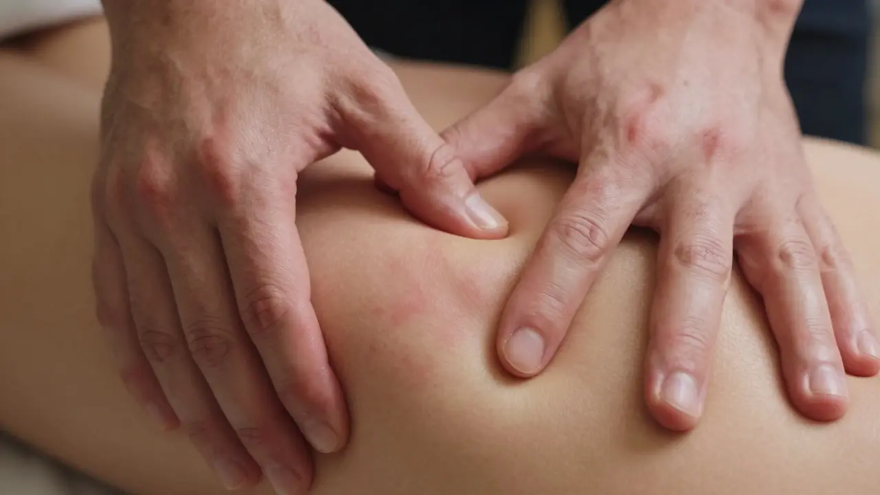 Detail ruky terapeuta při hluboké masáži spouštěcích bodů na předloktí