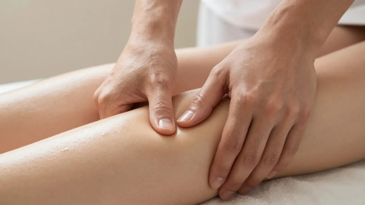 Hands applying deep pressure massage to calf