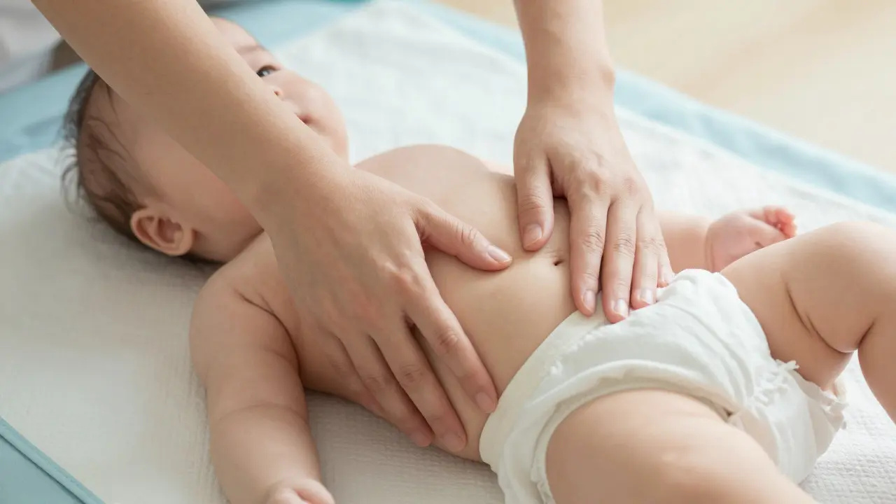 Jemná masáž bříška kojence pro úlevu od plynů a lepší spánek