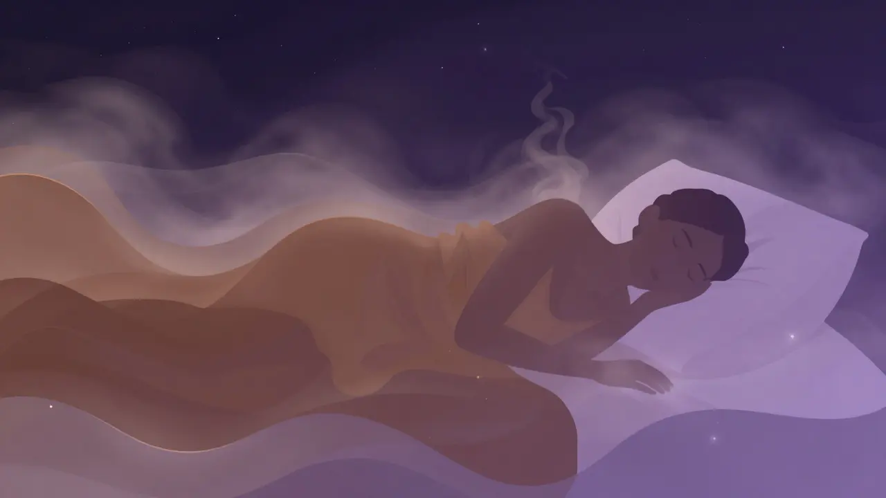 Konceptuální ilustrace klidného spánku obklopená teplými barvami a vůní kakaa.
