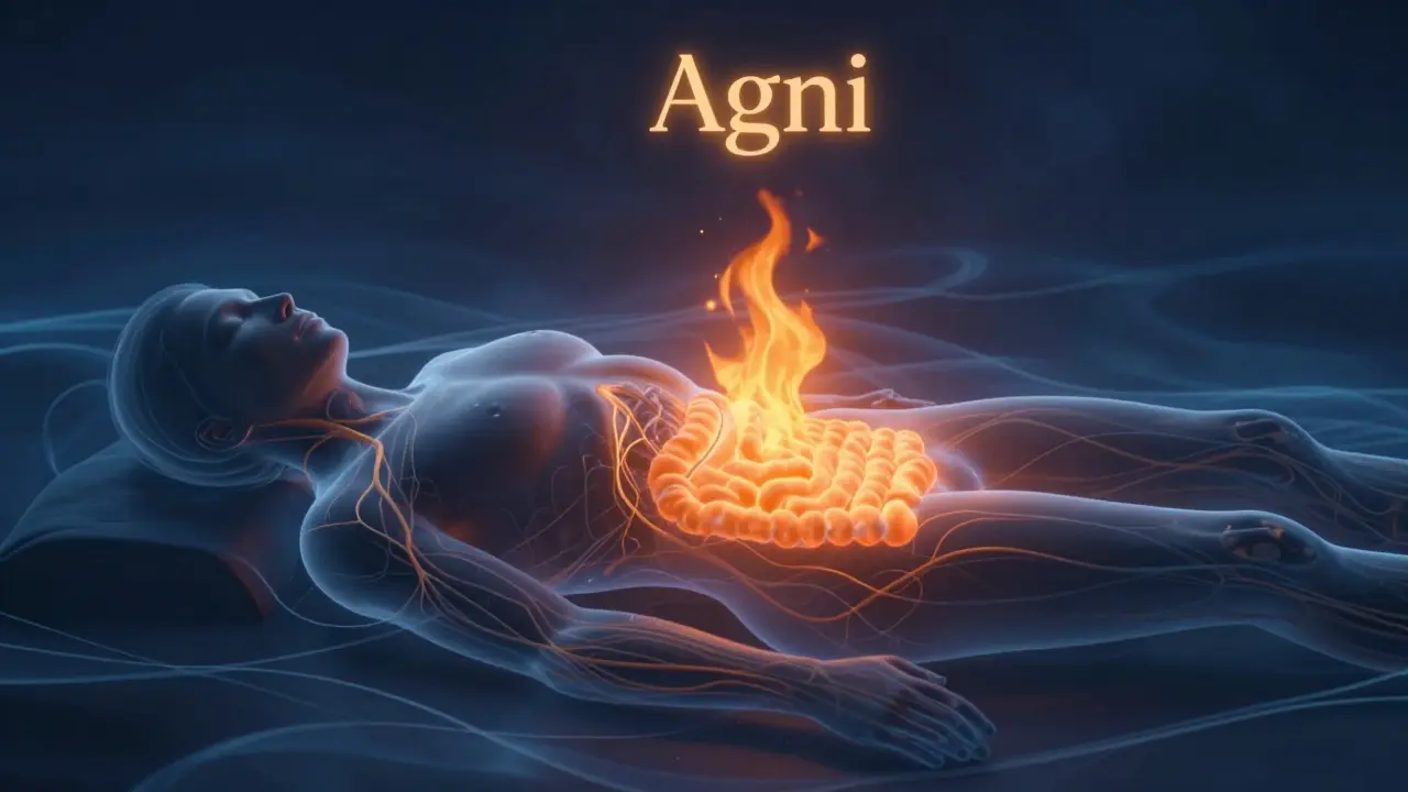 Ilustrace trávicího ohně Agni a uklidnění nervového systému
