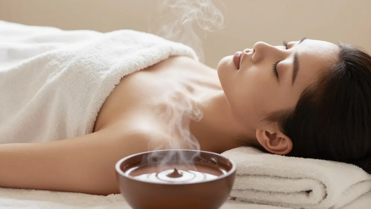 Relaxující osoba v sauně s aromaterapií kakaa