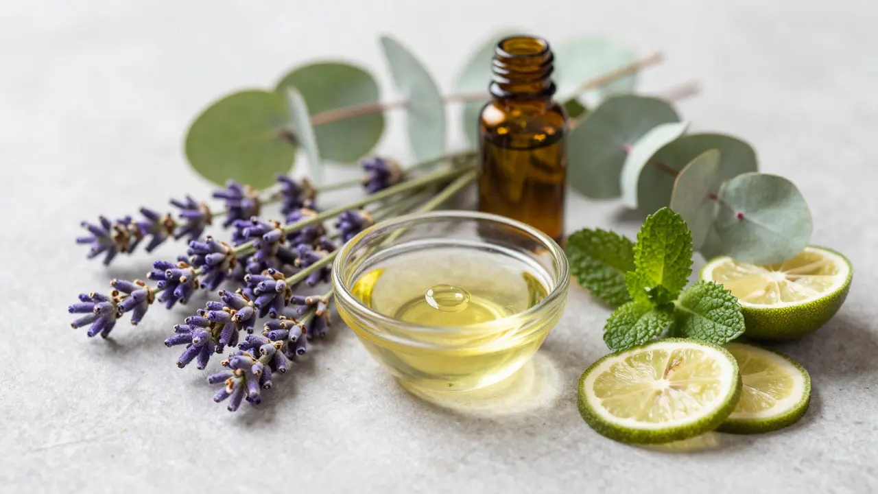 Botanické ingredience jako levandule a eukalyptus kolem misky s olejem