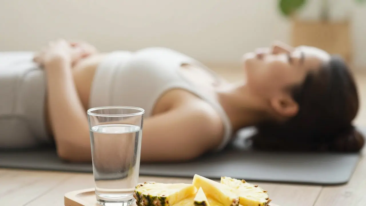 Osoba provádí břišní dýchání vedle vody a ananasu