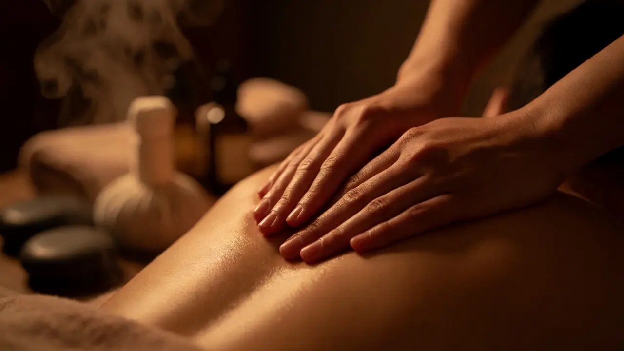 Detailní záběr na ruce terapeuta masírující záda s teplým olejem