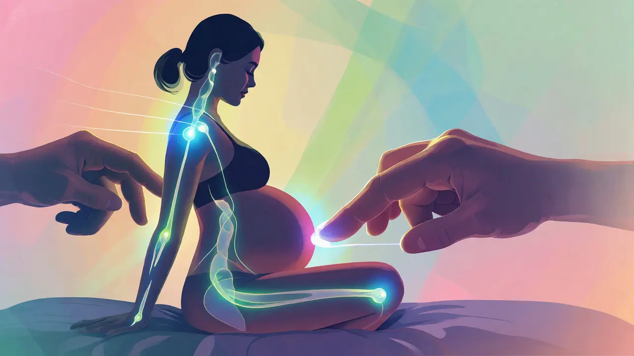 Konceptuální ilustrace toku energie a meridiánů u těhotné ženy