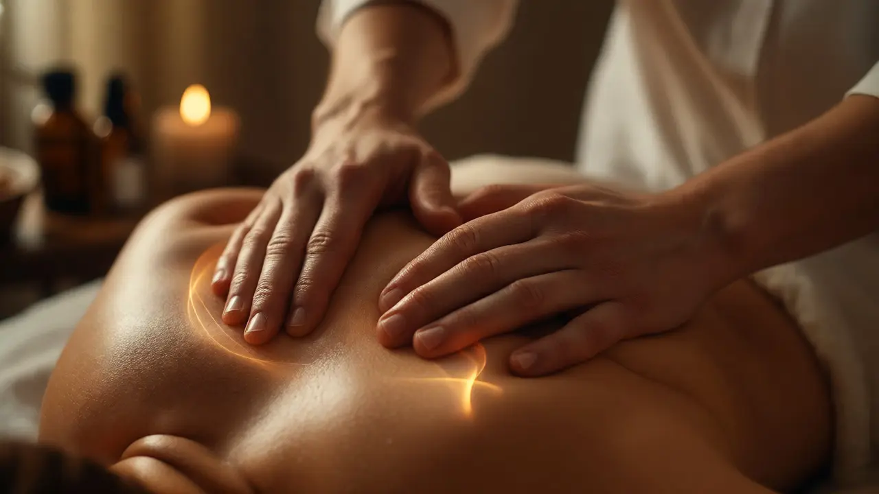 Detail rukou terapeuta masírujících záda klienta ve teplém světle.
